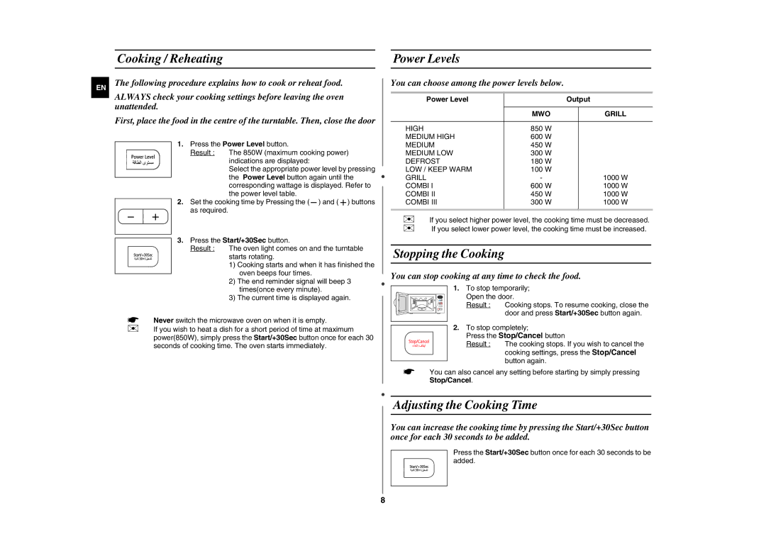 Samsung GE87G/ZAM Cooking / Reheating Power Levels, Stopping the Cooking, Adjusting the Cooking Time, Power Level Output 