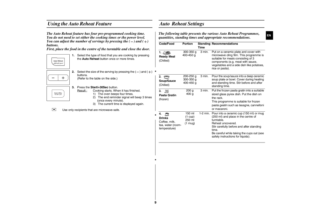 Samsung GE87G/ZAM manual Using the Auto Reheat Feature Auto Reheat Settings 