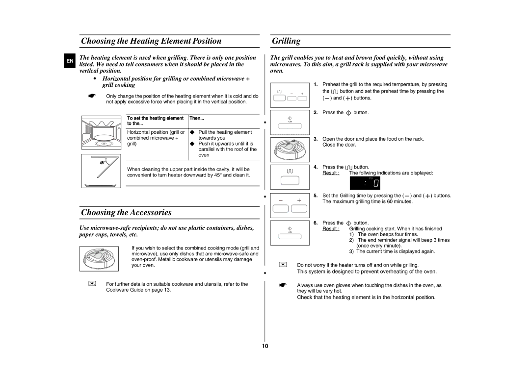 Samsung GE87H-S/SLI manual Choosing the Heating Element Position Grilling, Choosing the Accessories 