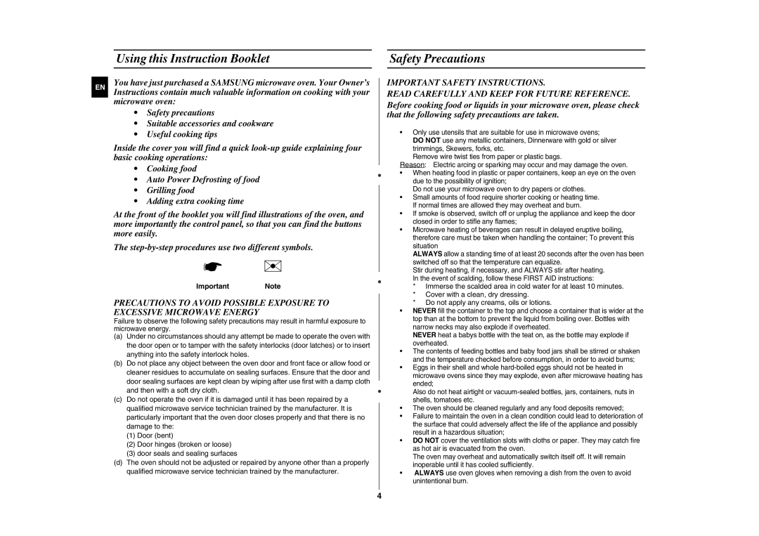 Samsung GE87H-S/SLI manual Using this Instruction Booklet, Safety Precautions, Important Note 