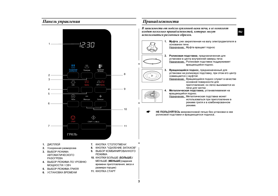 Samsung GE87HR/BWT manual Панель управления Принадлежности, Ускоренная разморозка, 11. Кнопка Старт 