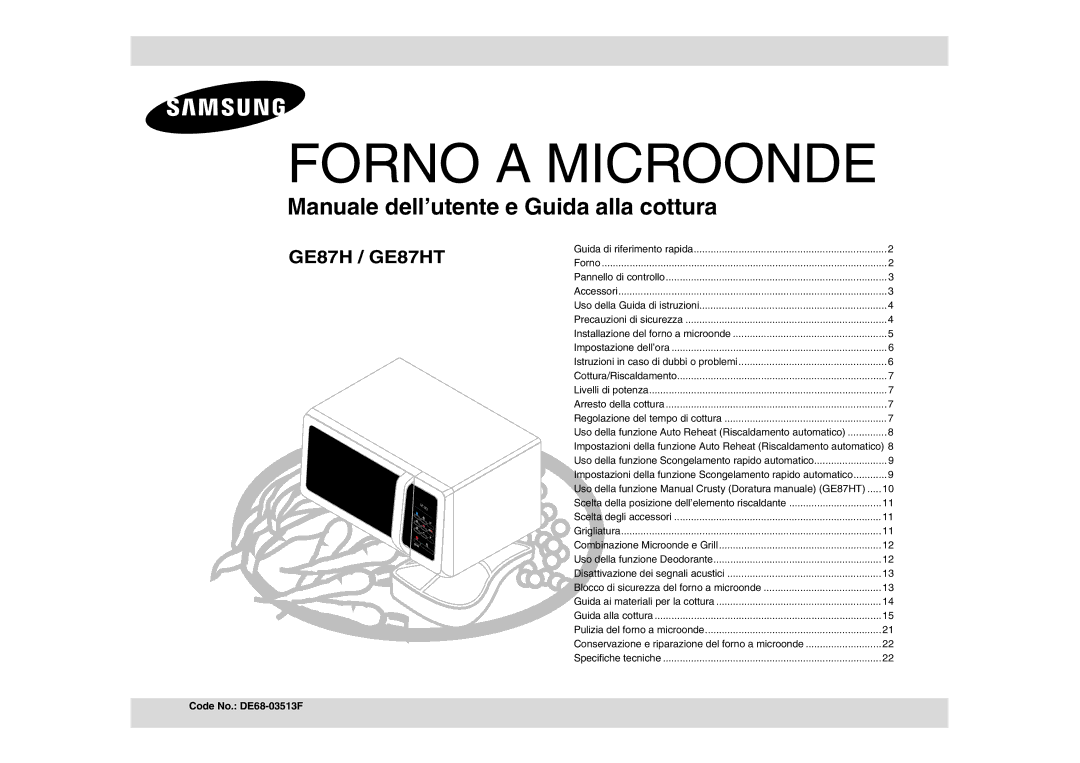 Samsung GE87HT-S/XET manual Forno a Microonde, Code No. DE68-03513F 