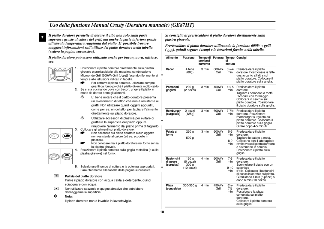 Samsung GE87HT-S/XET Uso della funzione Manual Crusty Doratura manuale GE87HT,  Pulizia del piatto doratore,  Nota 