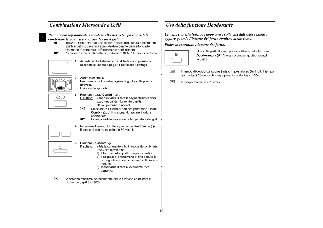 Samsung GE87HT-S/XET manual Combinazione Microonde e Grill, Uso della funzione Deodorante 
