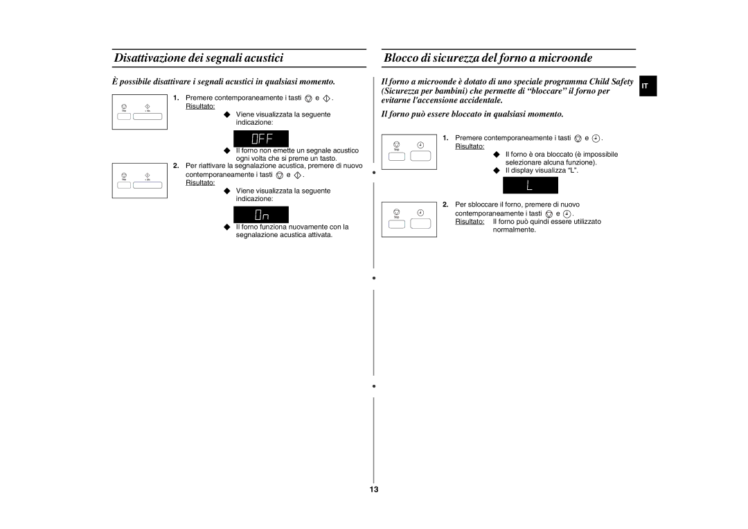 Samsung GE87HT-S/XET manual Disattivazione dei segnali acustici, Blocco di sicurezza del forno a microonde 