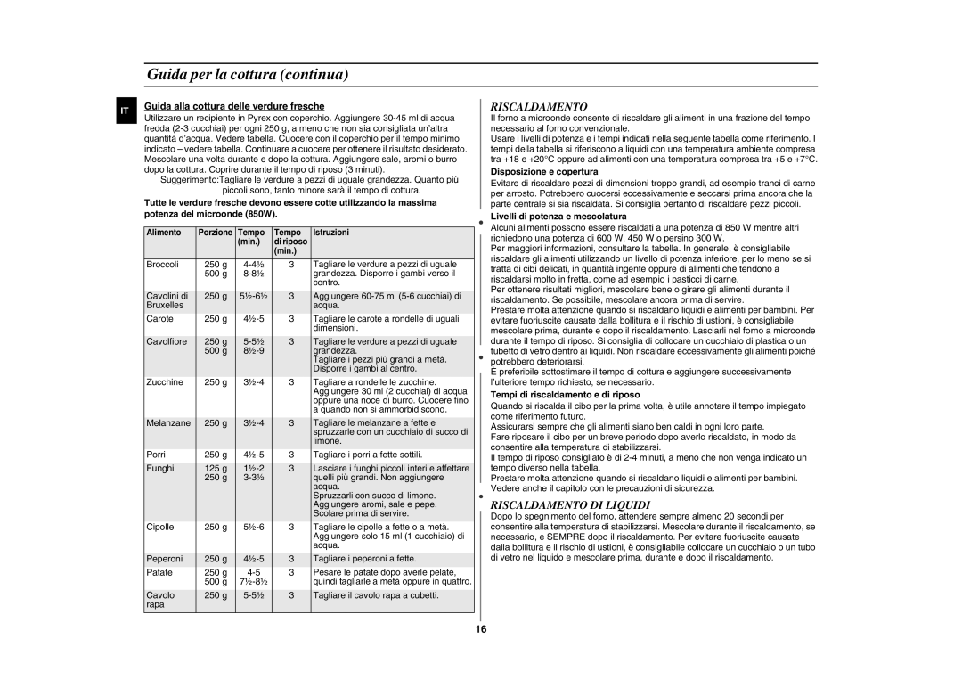 Samsung GE87HT-S/XET manual Guida per la cottura continua, Riscaldamento DI Liquidi 