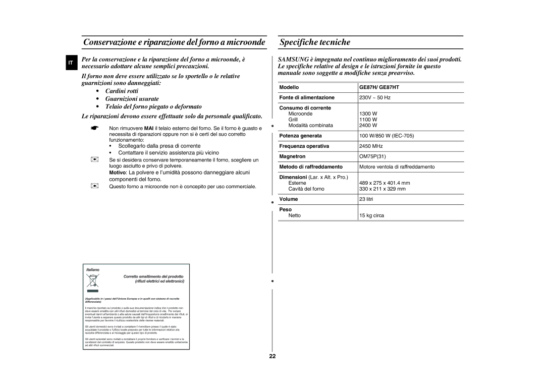 Samsung GE87HT-S/XET manual Specifiche tecniche, GE87H/ GE87HT 