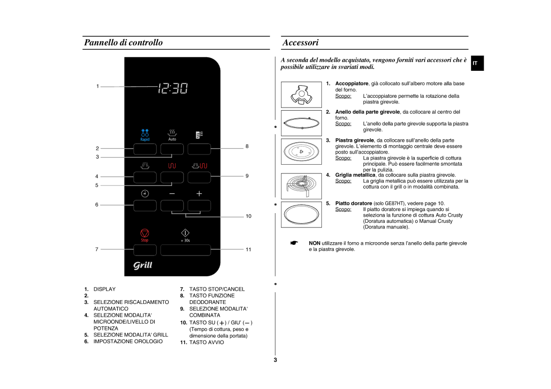 Samsung GE87HT-S/XET manual Pannello di controllo Accessori, Piatto doratore solo GE87HT, vedere 