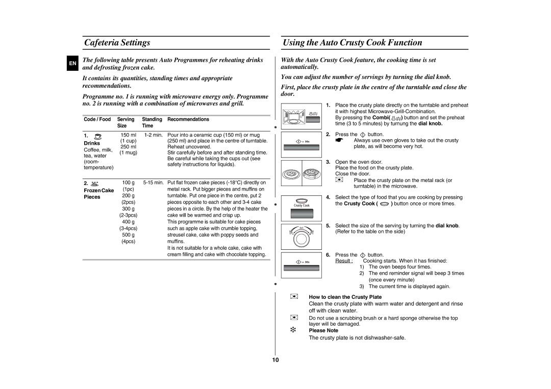 Samsung GE87K-S/BAL manual Cafeteria Settings, Using the Auto Crusty Cook Function 