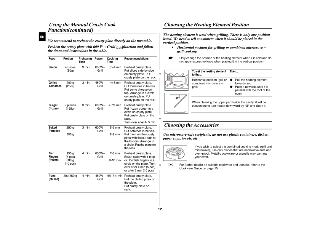 Samsung GE87K-S/BAL manual Choosing the Heating Element Position, Choosing the Accessories 