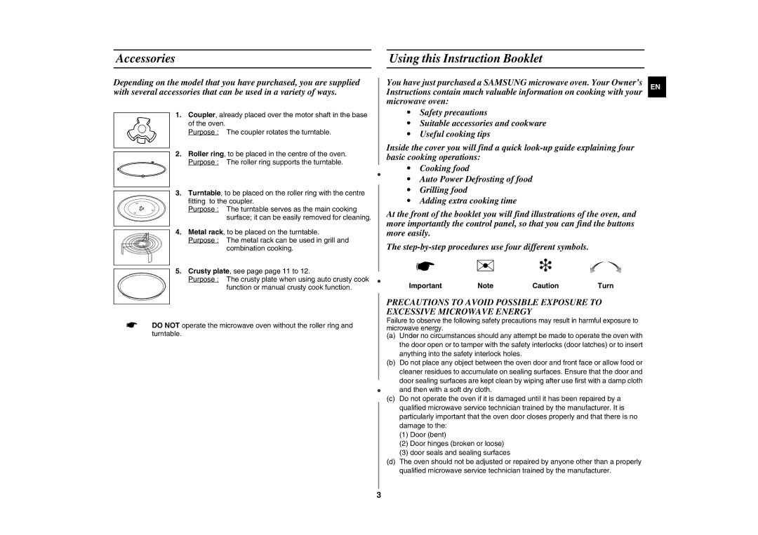 Samsung GE87K-S/BAL manual   , Accessories Using this Instruction Booklet 