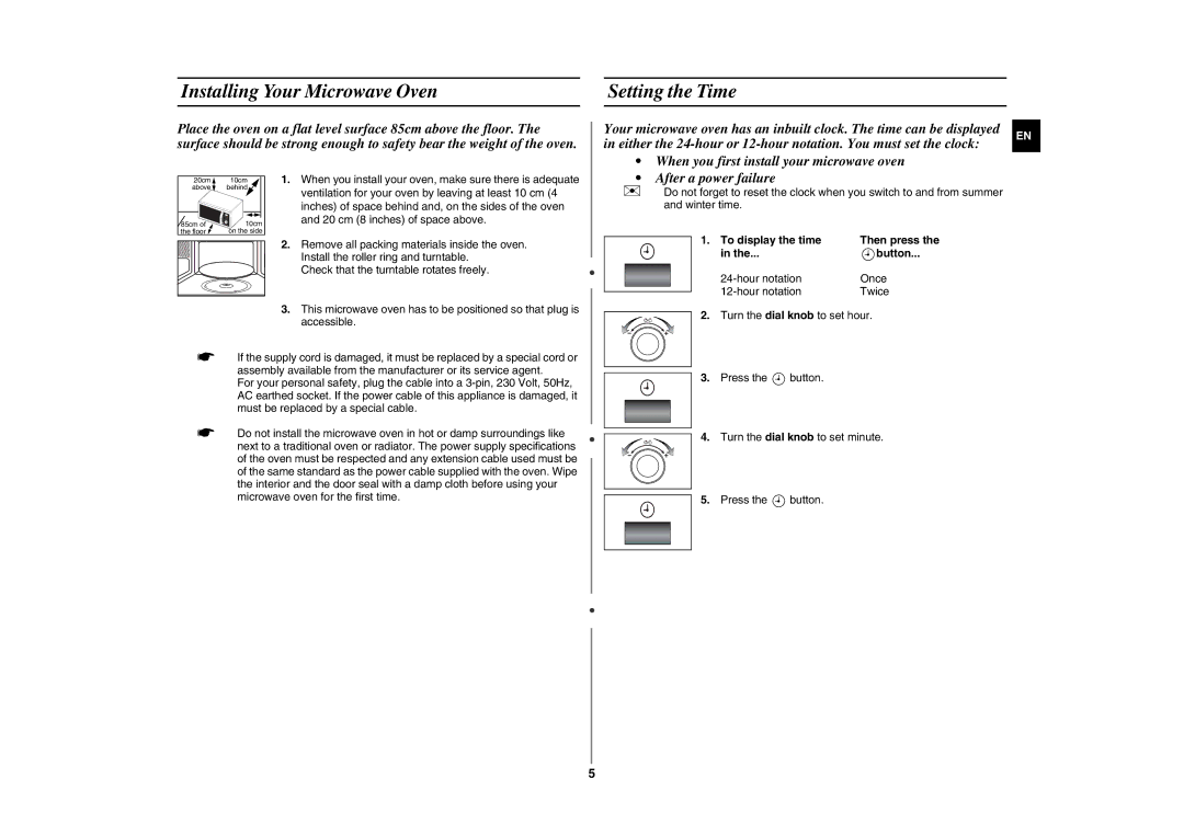 Samsung GE87K-S/BAL manual Installing Your Microwave Oven Setting the Time, To display the time, Button 