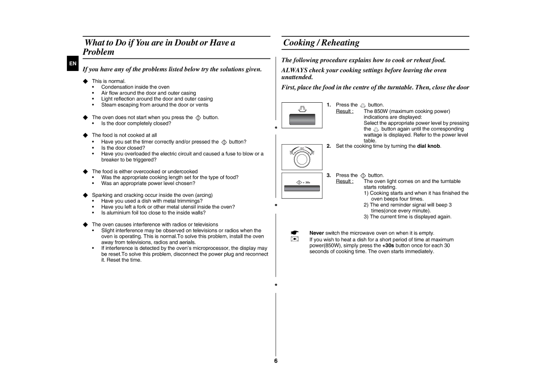 Samsung GE87K-S/BAL manual What to Do if You are in Doubt or Have a Problem, Cooking / Reheating 
