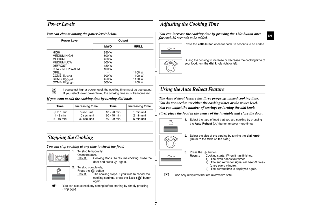 Samsung GE87K-S/BAL Power Levels Adjusting the Cooking Time, Stopping the Cooking, Using the Auto Reheat Feature, Grill 