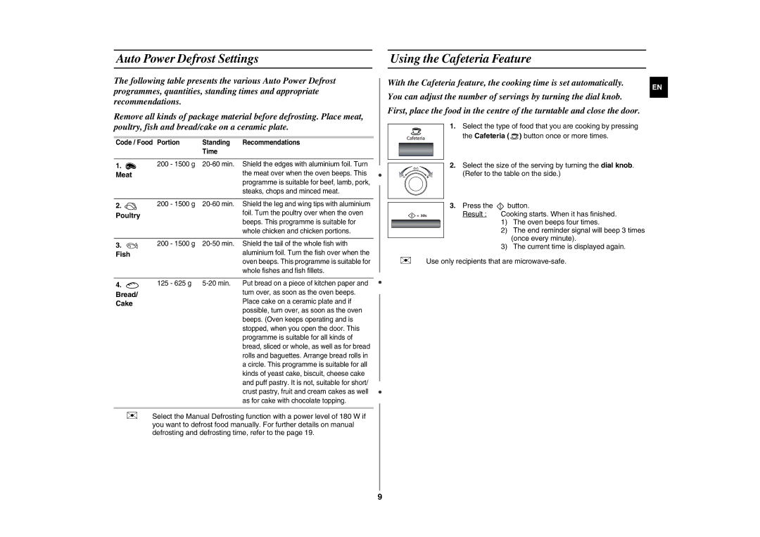 Samsung GE87K-S/BAL manual Auto Power Defrost Settings, Using the Cafeteria Feature 