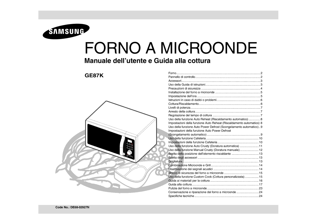 Samsung GE87K-S/XET manual Forno a Microonde, Code No. DE68-02927N 