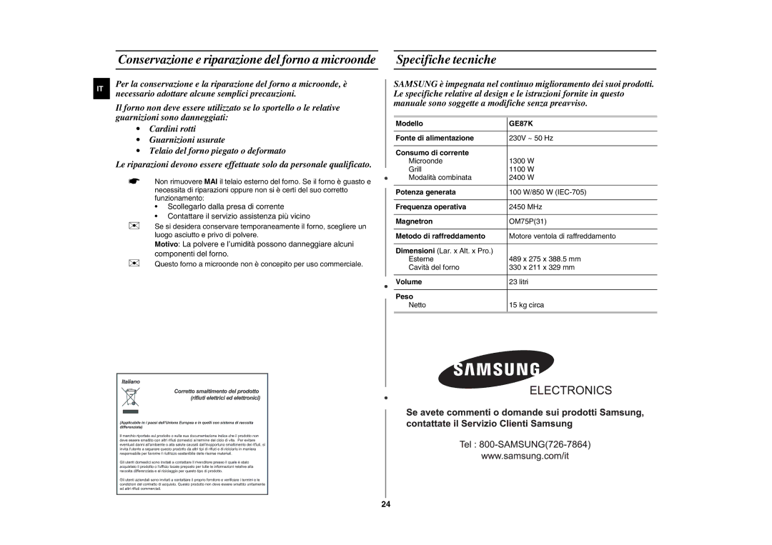 Samsung GE87K-S/XET manual Specifiche tecniche 