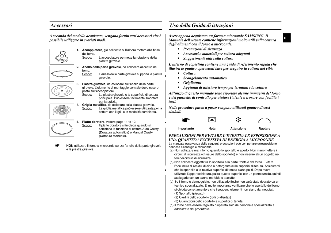 Samsung GE87K-S/XET manual Accessori Uso della Guida di istruzioni, Importante Nota Attenzione 