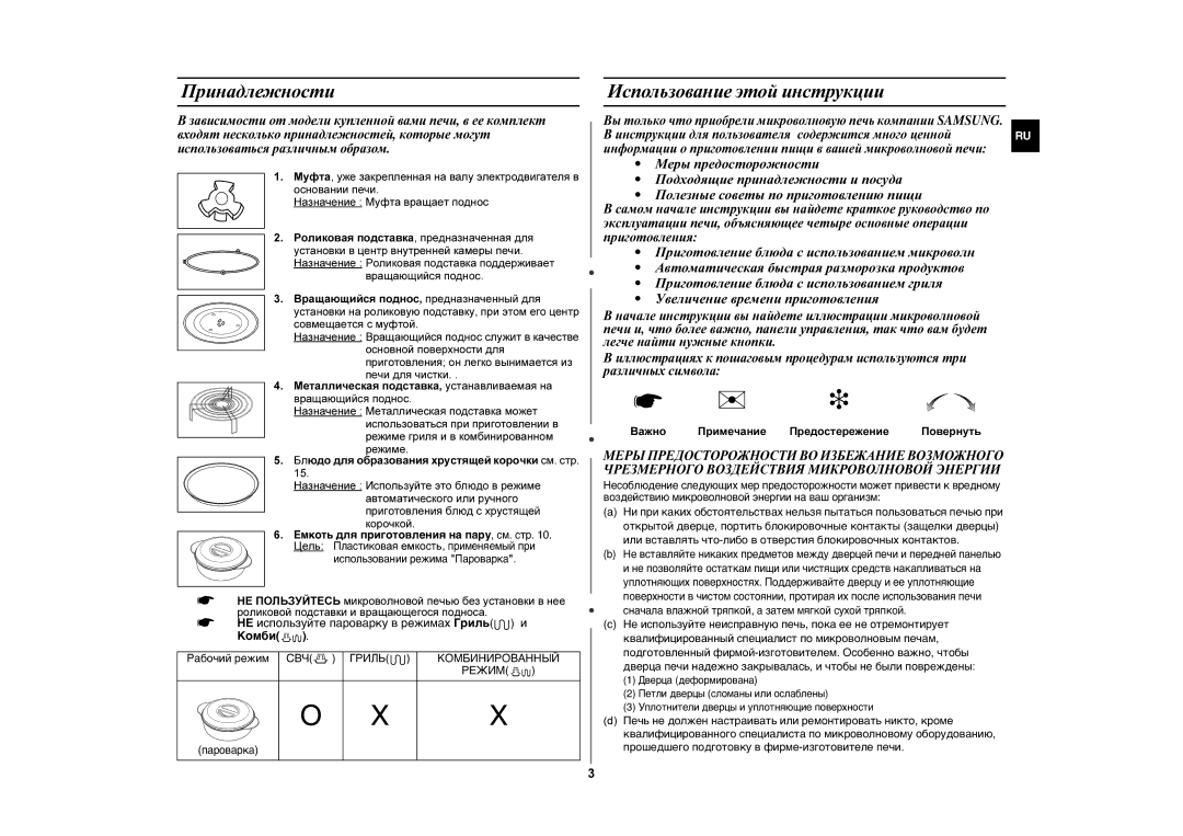 Samsung GE87KPR-S/BWT manual Принадлежности, Использование этой инструкции, Комбинированный, Режим 