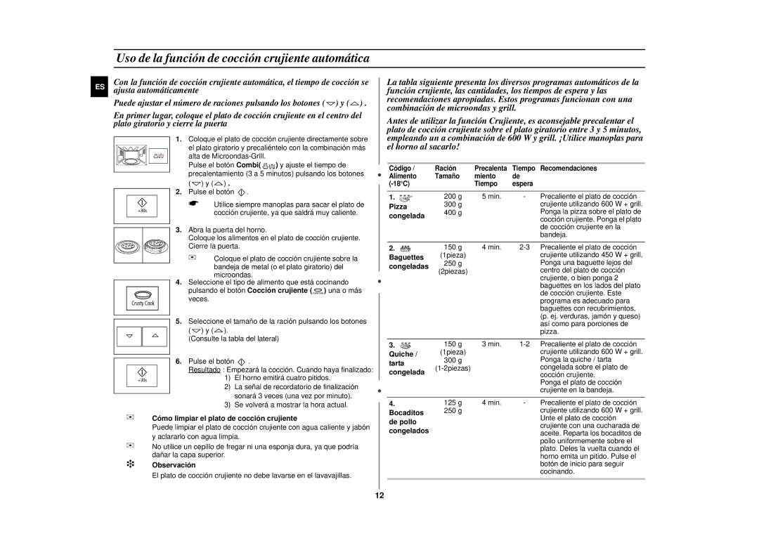 Samsung GE87KST/XEC manual Uso de la función de cocción crujiente automática, Quiche, Tarta, Observación 