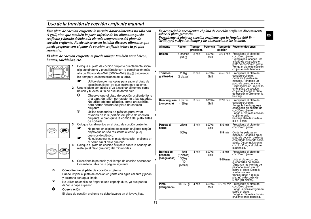 Samsung GE87KST/XEC Uso de la función de cocción crujiente manual, Cocción Beicon 