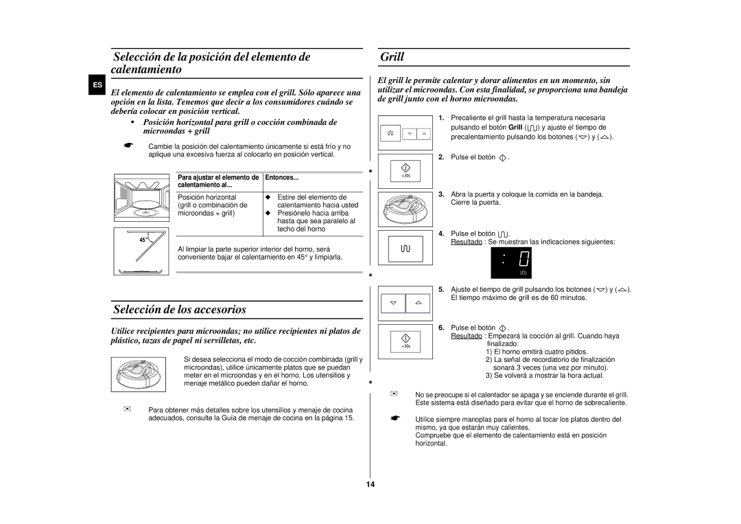 Samsung GE87KST/XEC manual Selección de la posición del elemento de calentamiento, Selección de los accesorios, Grill 