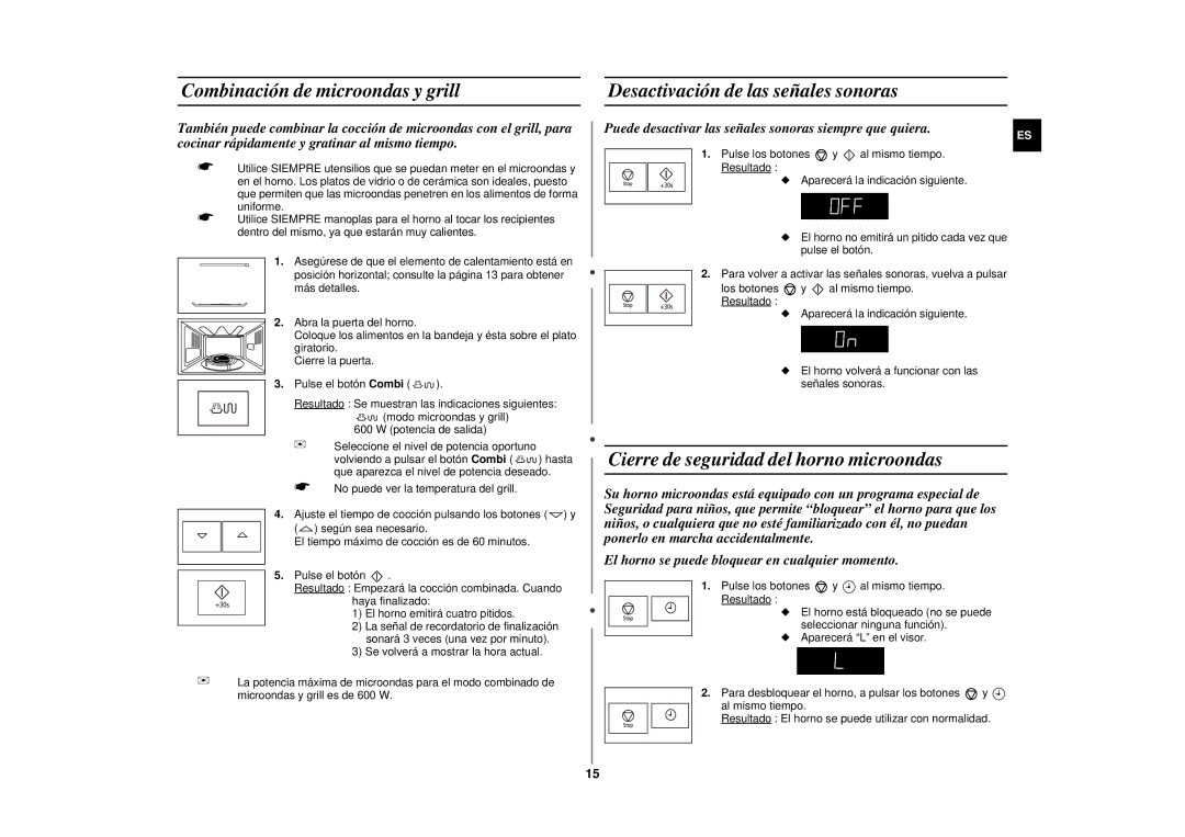 Samsung GE87KST/XEC manual Combinación de microondas y grill, Desactivación de las señales sonoras 