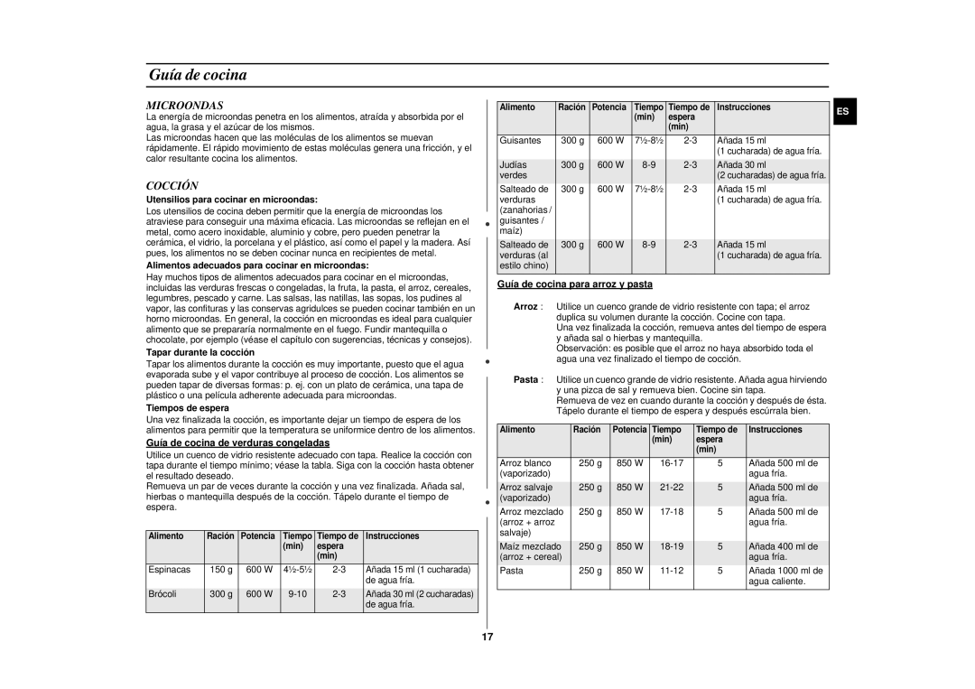 Samsung GE87KST/XEC manual Guía de cocina, Microondas, Cocción 