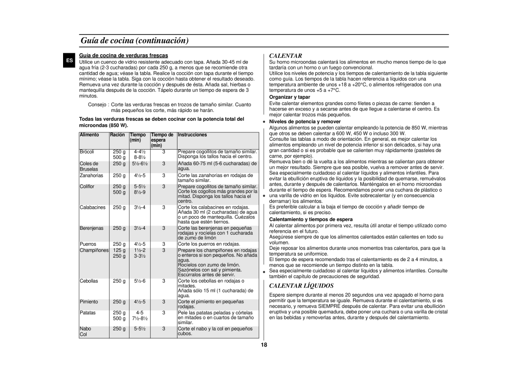 Samsung GE87KST/XEC manual Guía de cocina continuación, Calentar Líquidos 