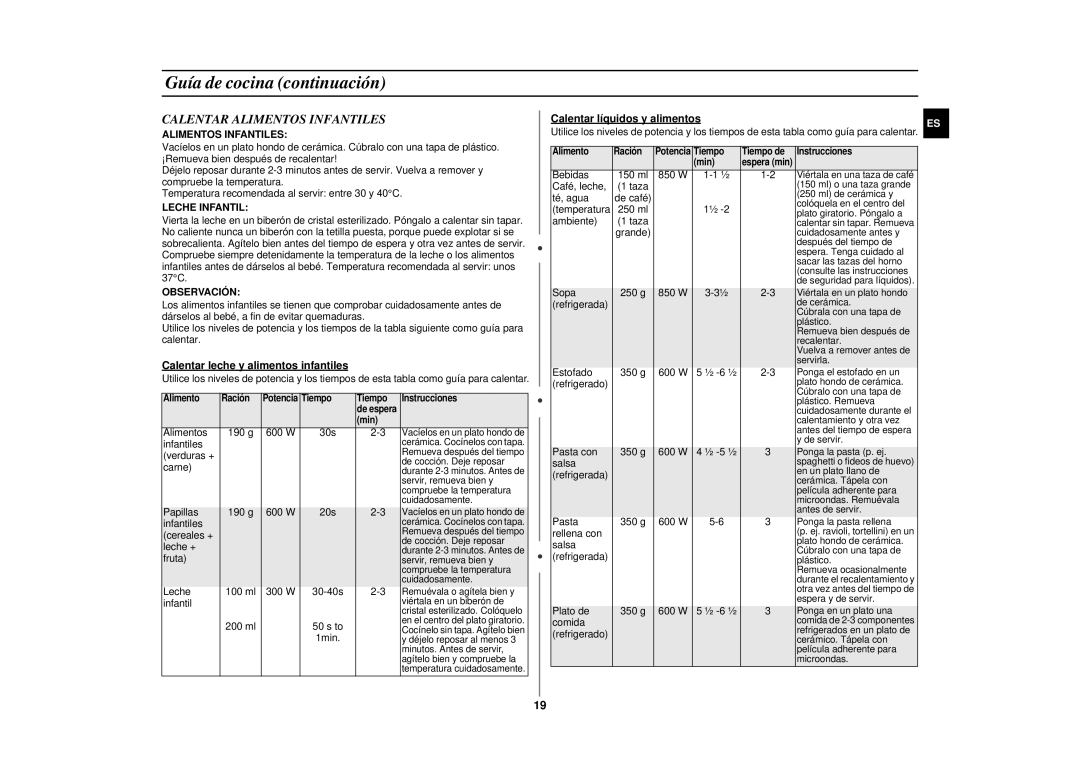 Samsung GE87KST/XEC manual Calentar Alimentos Infantiles, Leche Infantil, Observación 