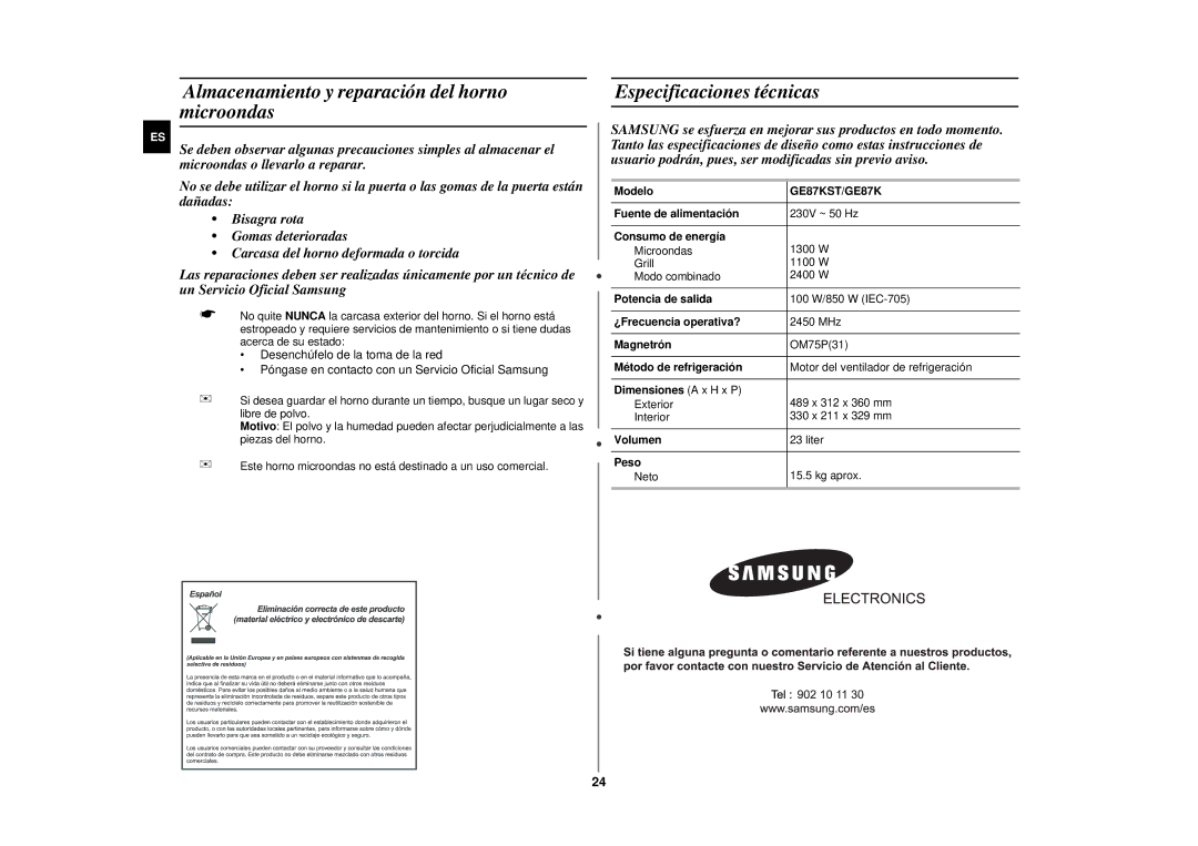 Samsung GE87KST/XEC manual Almacenamiento y reparación del horno microondas, Especificaciones técnicas, GE87KST/GE87K 