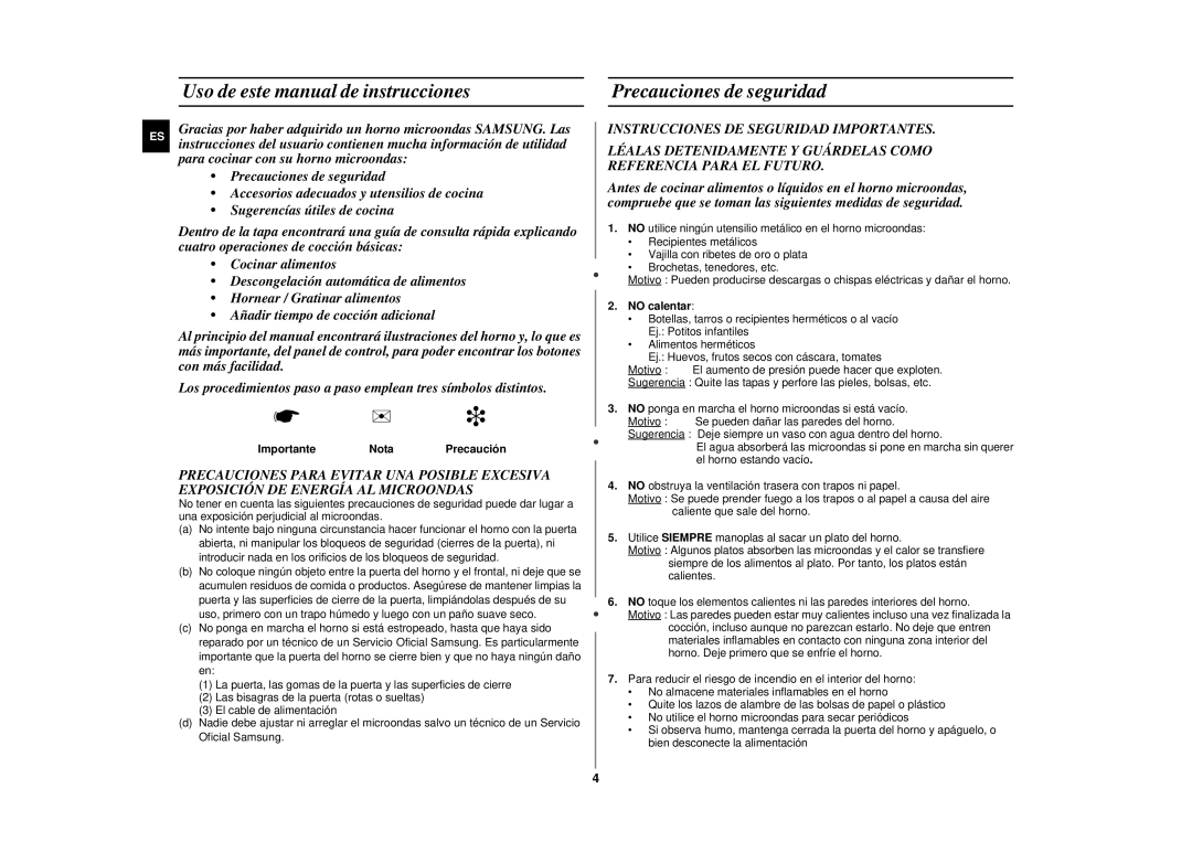 Samsung GE87KST/XEC manual Importante Nota Precaución, No calentar 