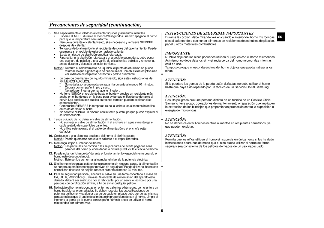 Samsung GE87KST/XEC manual Precauciones de seguridad continuación, Instrucciones DE Seguridad Importantes, Atención 