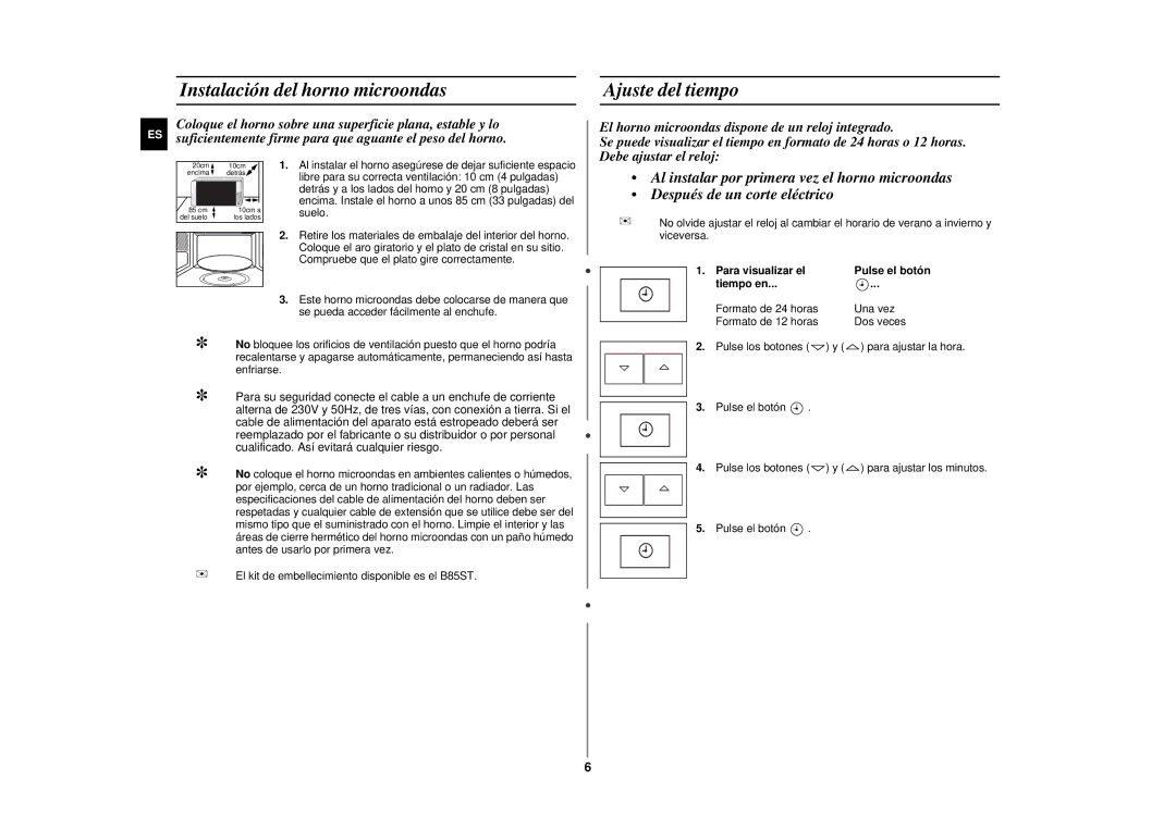 Samsung GE87KST/XEC manual Instalación del horno microondas, Ajuste del tiempo, Para visualizar el, Tiempo en 