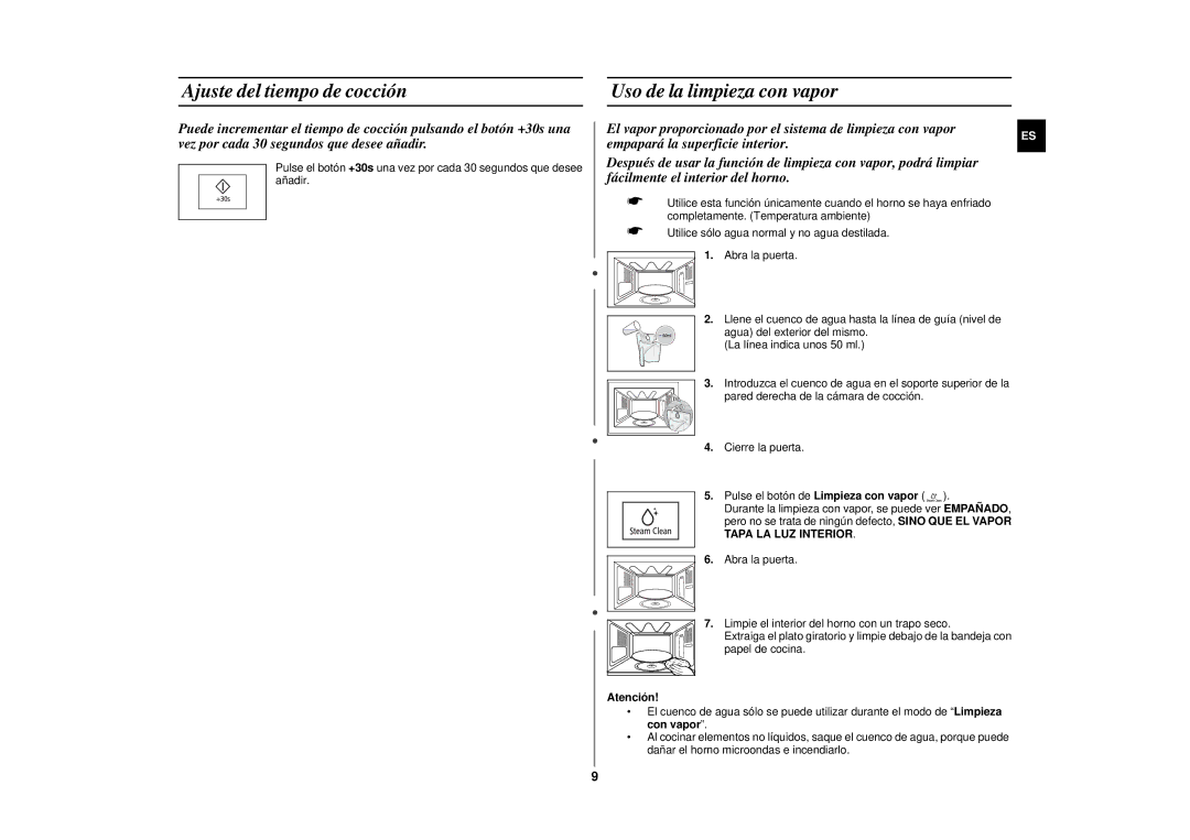 Samsung GE87KST/XEC manual Ajuste del tiempo de cocción Uso de la limpieza con vapor, Atención 