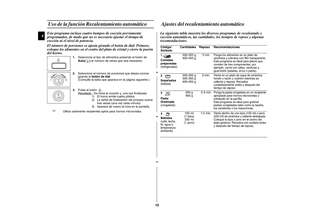 Samsung GE87L-BS/XEC manual Uso de la función Recalentamiento automático, Ajustes del recalentamiento automático 