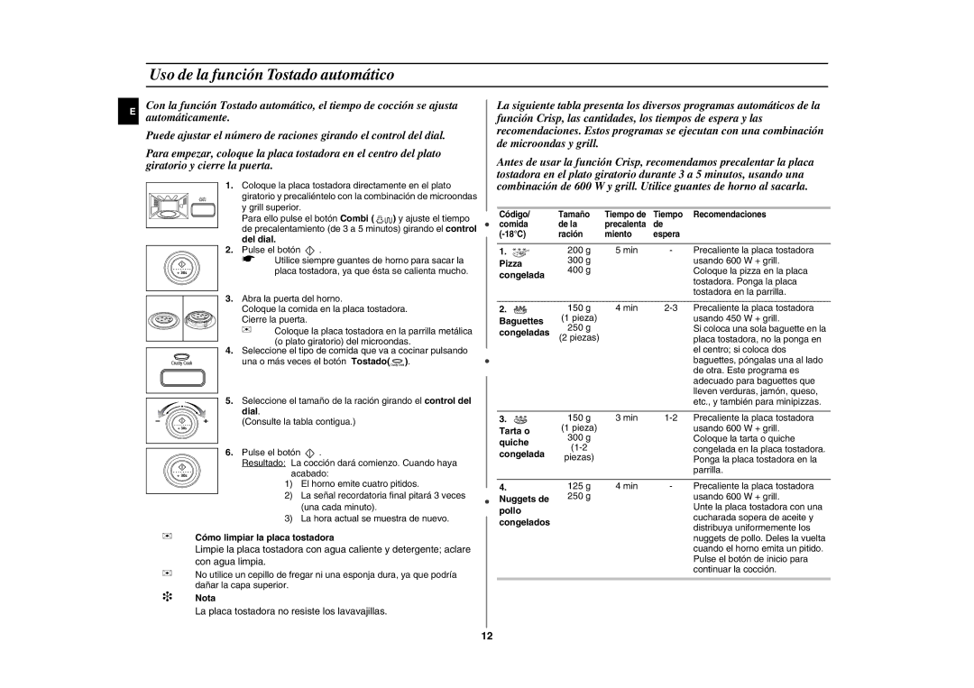 Samsung GE87L-BS/XEC manual Uso de la función Tostado automático, Dial, Tarta o, Quiche, Cómo limpiar la placa tostadora 