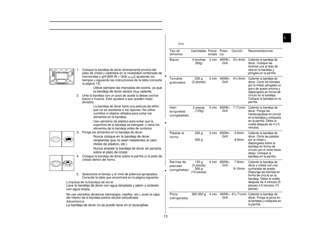 Samsung GE87L-BS/XEC Uso de la función manual de cocción gratinado, Instrucciones para el uso de la bandeja de dorar 