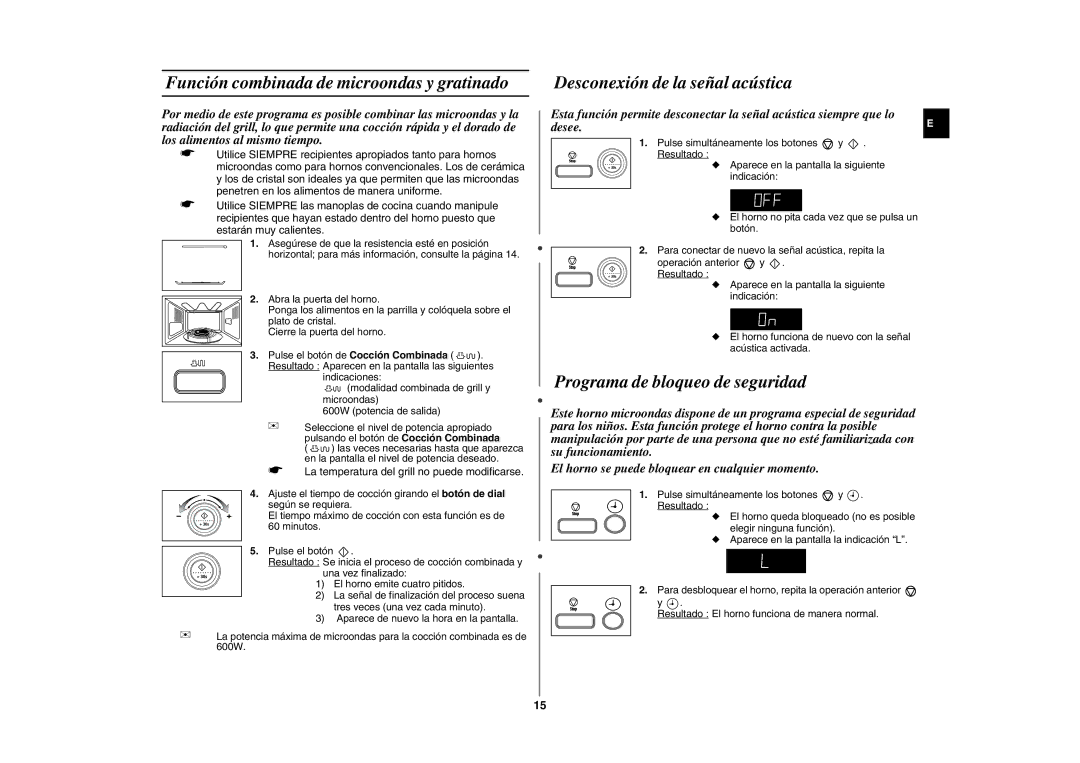 Samsung GE87L-BS/XEC manual Función combinada de microondas y gratinado, Desconexión de la señal acústica 