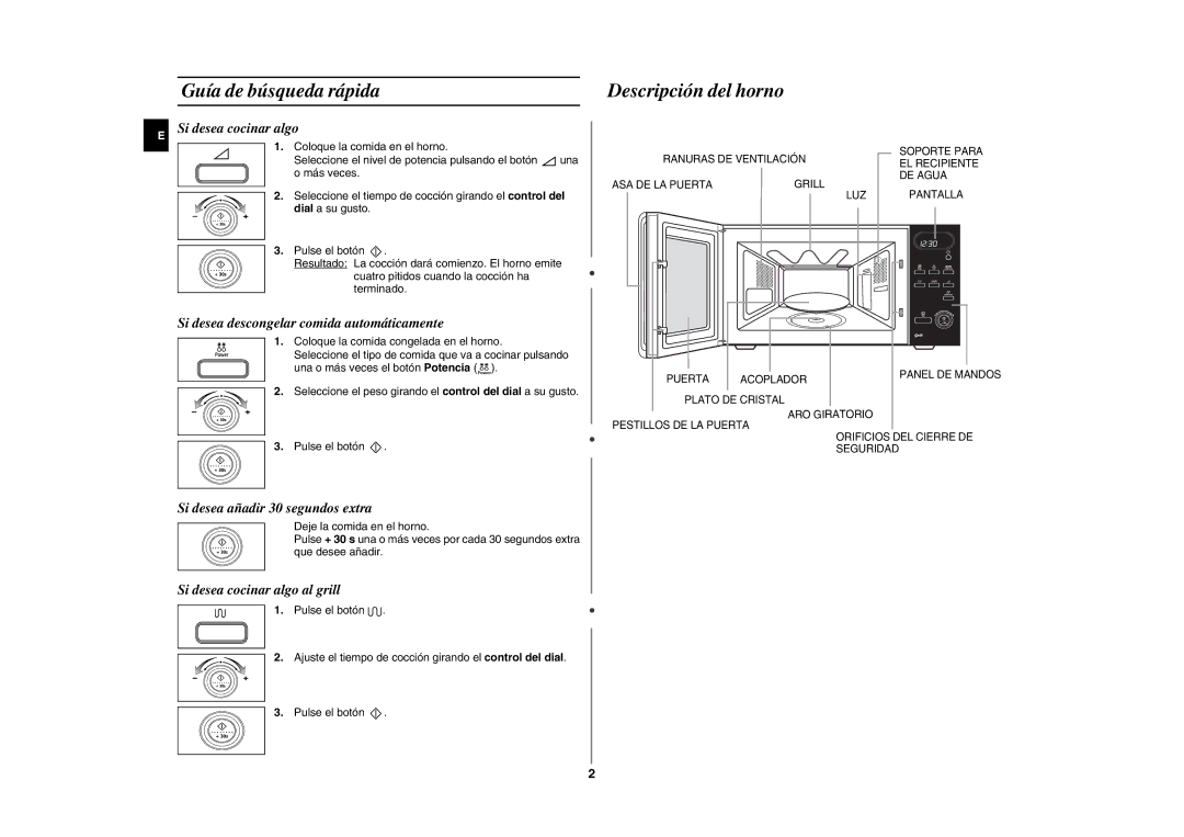 Samsung GE87L-BS/XEC manual Guía de búsqueda rápida, Descripción del horno, Coloque la comida congelada en el horno 