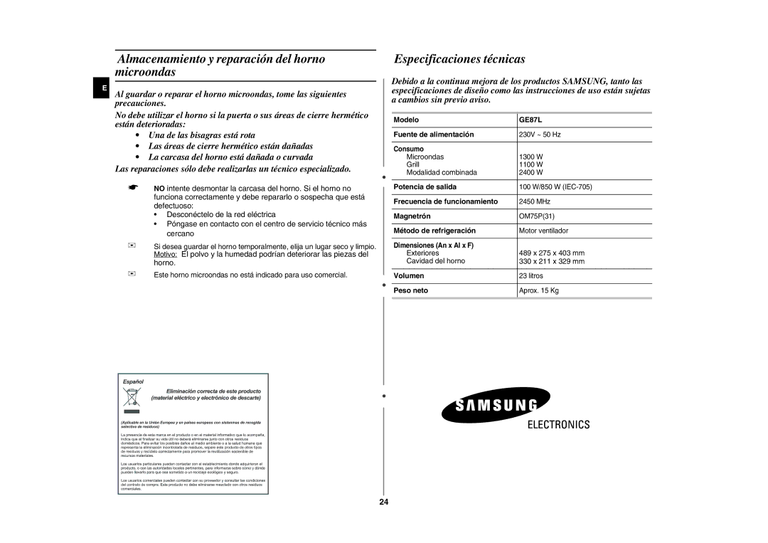 Samsung GE87L-BS/XEC manual Almacenamiento y reparación del horno microondas, Especificaciones técnicas 