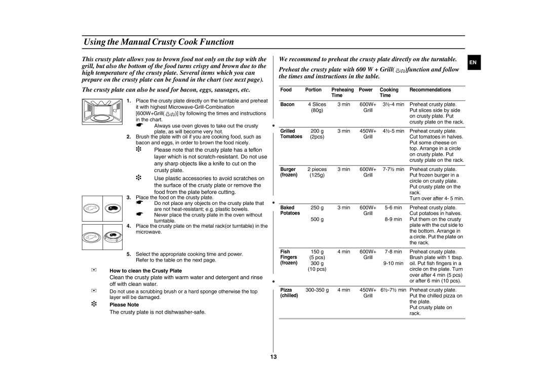 Samsung GE87L-S/ELE, GE87L-S/BAL manual Using the Manual Crusty Cook Function 