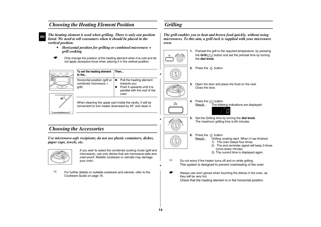 Samsung GE87L-S/BAL, GE87L-S/ELE manual Choosing the Heating Element Position Grilling, Choosing the Accessories 