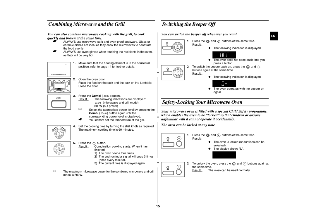 Samsung GE87L-S/ELE manual Combining Microwave and the Grill Switching the Beeper Off, Safety-Locking Your Microwave Oven 