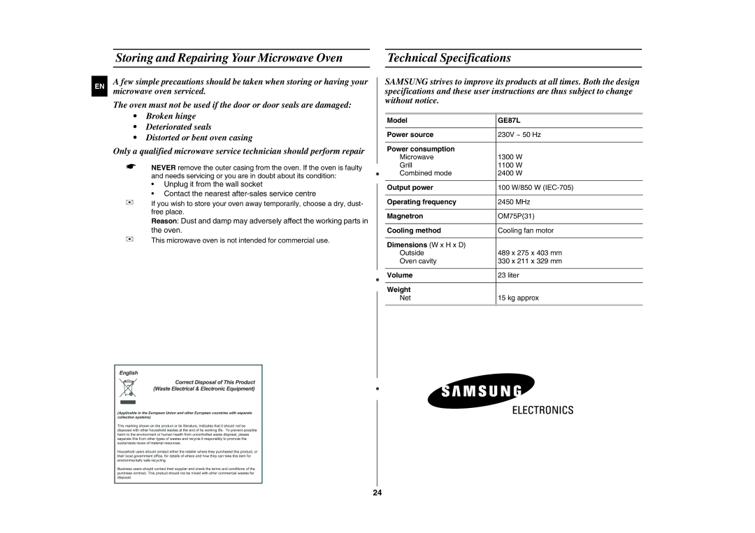 Samsung GE87L-S/BAL, GE87L-S/ELE manual 