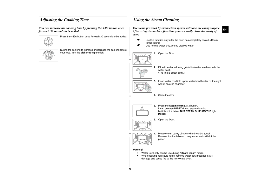 Samsung GE87L-S/ELE, GE87L-S/BAL manual Adjusting the Cooking Time Using the Steam Cleaning, Inside 