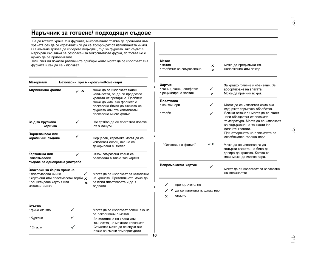 Samsung GE87L-S/BOL manual Наръчник за готвене/ подходящи съдове 