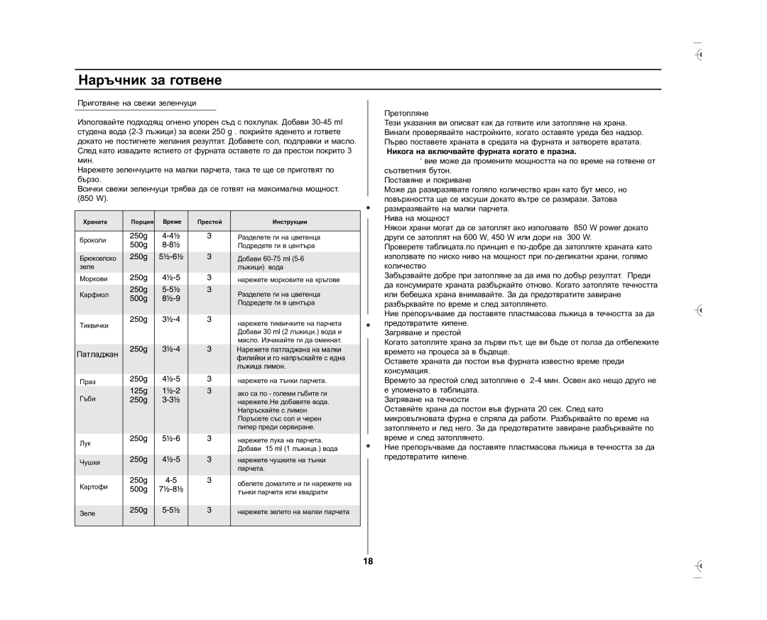 Samsung GE87L-S/BOL manual Претопляне, Никога на включвайте фурната когато е празна 