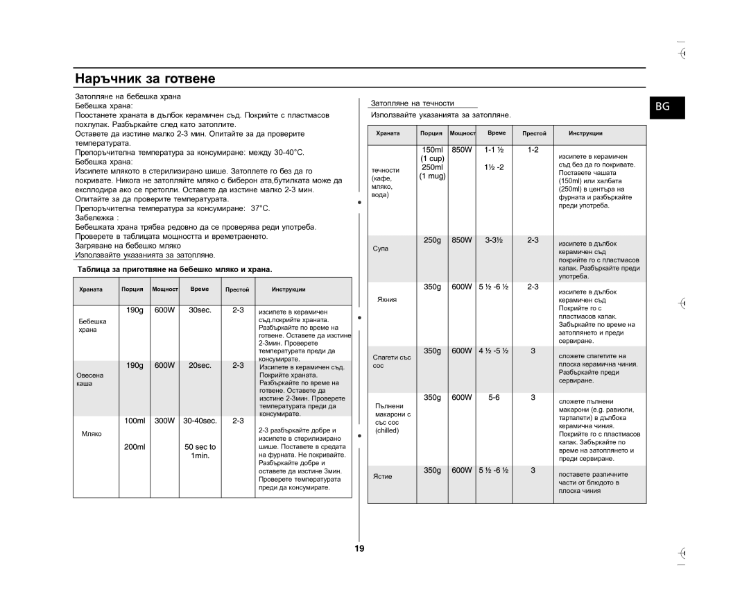 Samsung GE87L-S/BOL manual Затопляне на течности Използвайте указанията за затопляне 