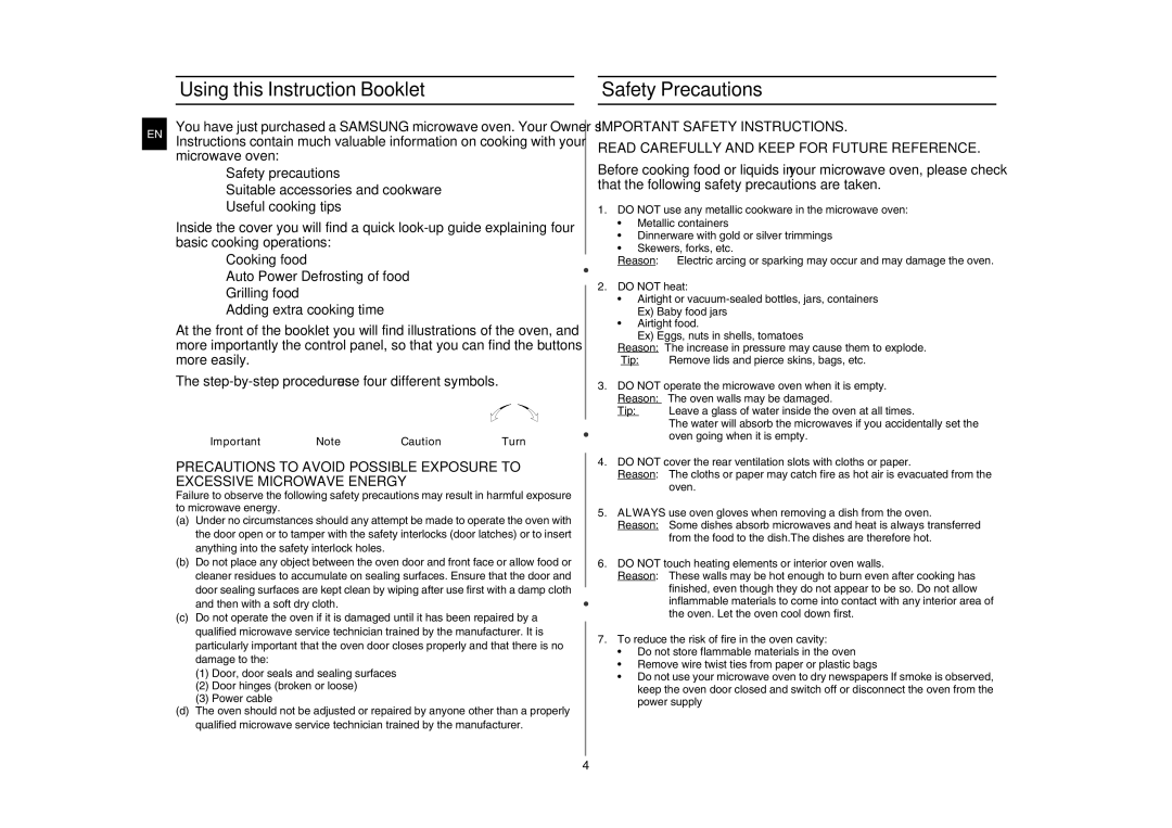 Samsung GE87L-S/BOL manual Using this Instruction Booklet, Safety Precautions, Do not heat 